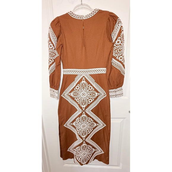 Sézane Calitta Embroidered Midi Dress Caramel Ecru Boho French Chic - Picture 5 of 8